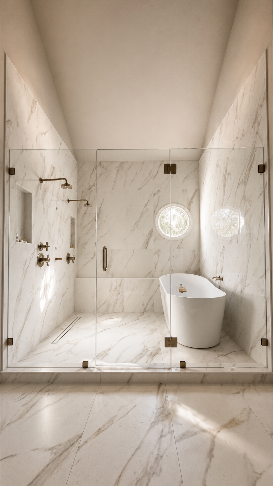 Glass-enclosed marble wet room with freestanding tub and linear drain