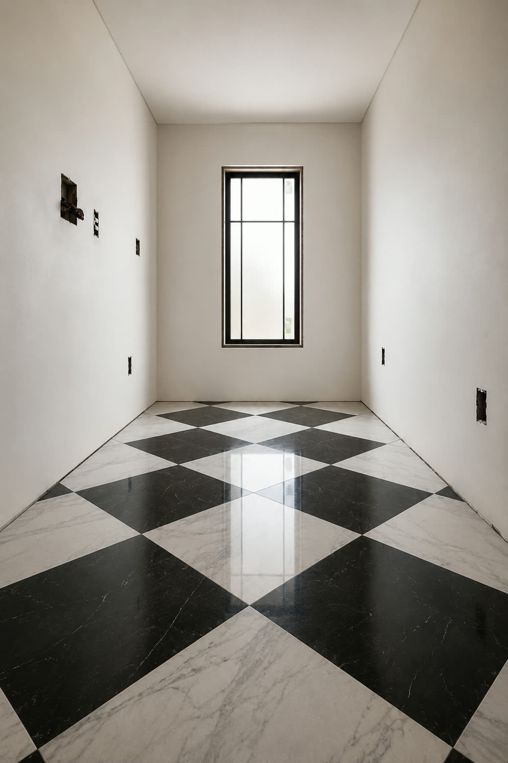 Black and white marble checkerboard floor set on the diagonal