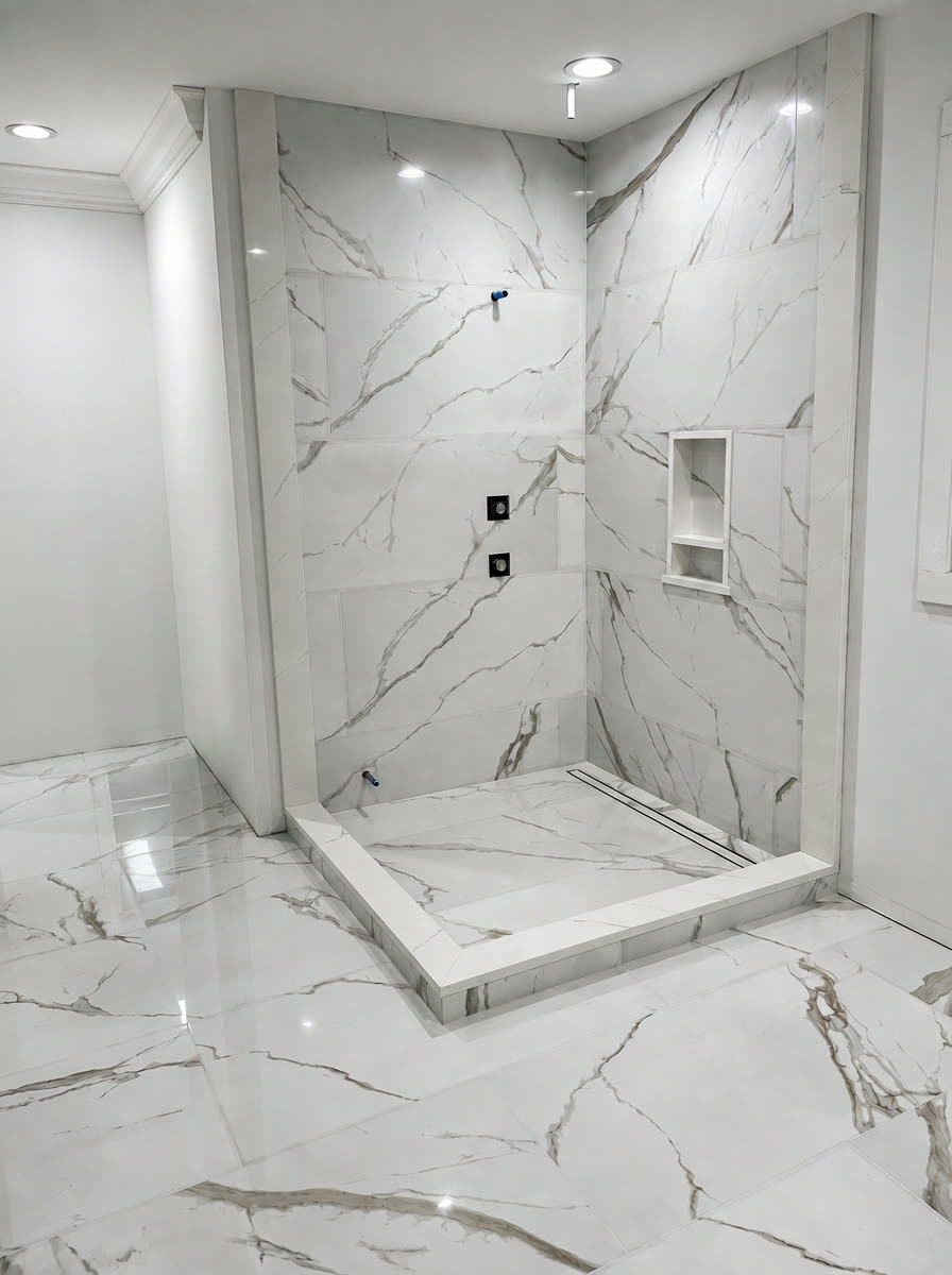 Marble-look large-format porcelain shower with linear drain, built-in niche and matching polished floor tile