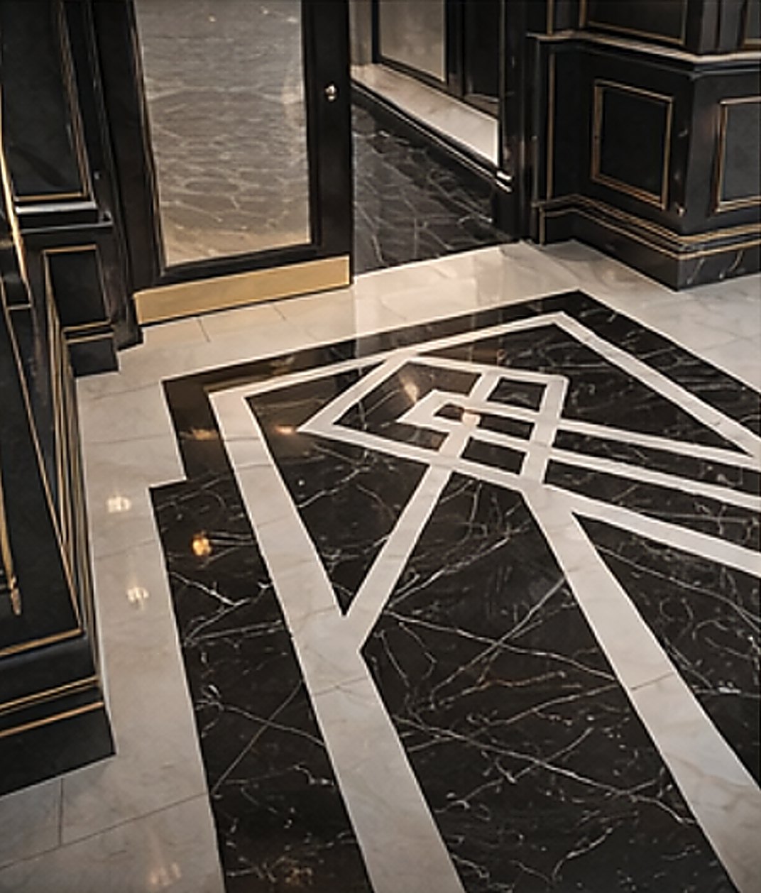 Black marble floor with an interlocking geometric white marble inlay at a luxury entrance