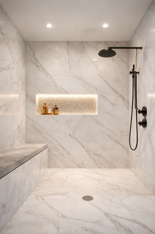 Walk-in shower with book-matched marble-look tile, backlit niche and matte black fixtures
