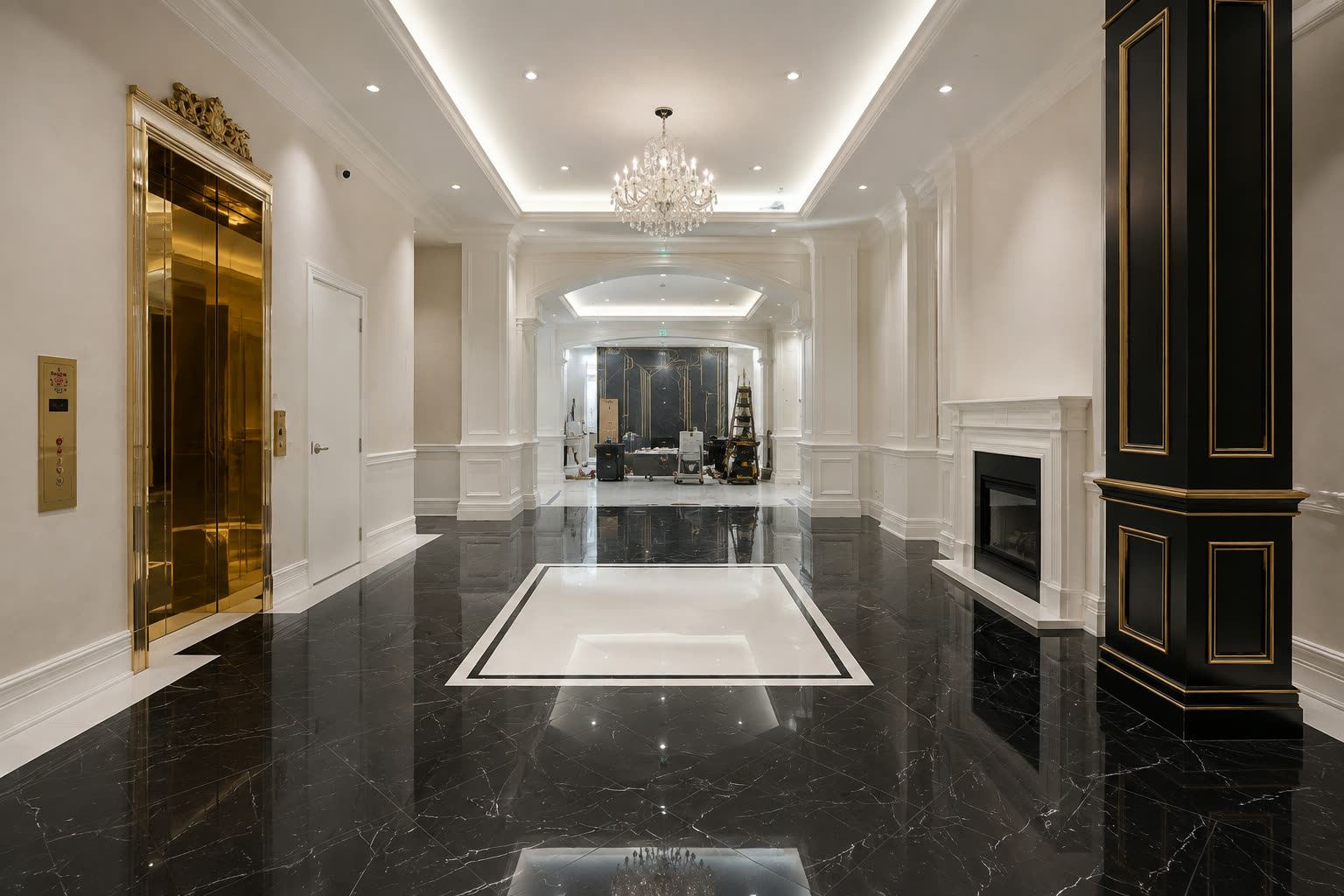 Hotel lobby with polished black marble floor and white marble inlay border