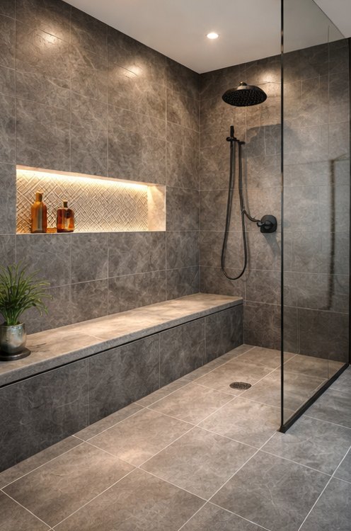 Charcoal stone-look shower with a lit herringbone niche, bench seat and frameless glass panel