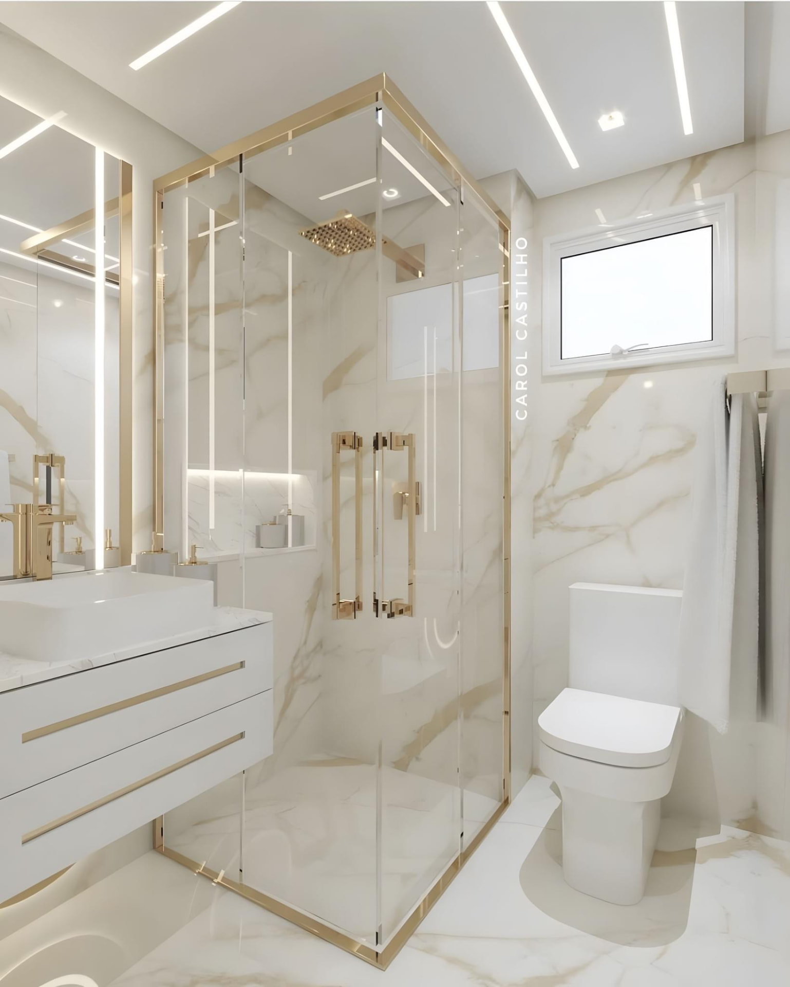 Marble-look porcelain bathroom with gold-framed glass shower enclosure and floating vanity