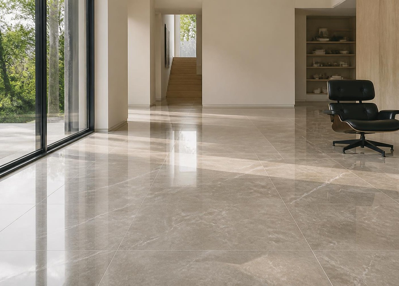 Polished large-format marble-look porcelain floor running through a bright modern living space
