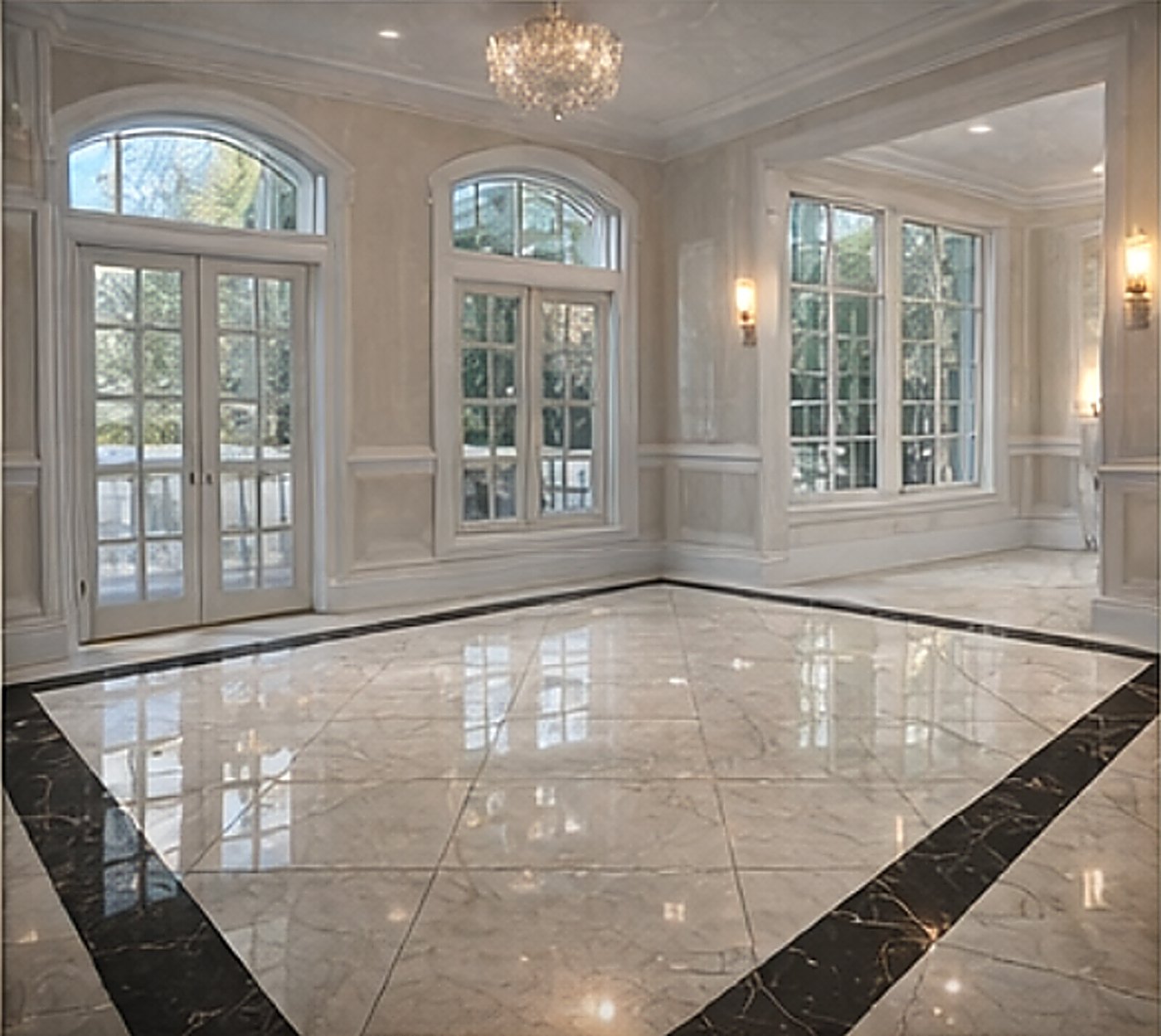 Polished marble salon floor laid on the diagonal with a dark marble perimeter border