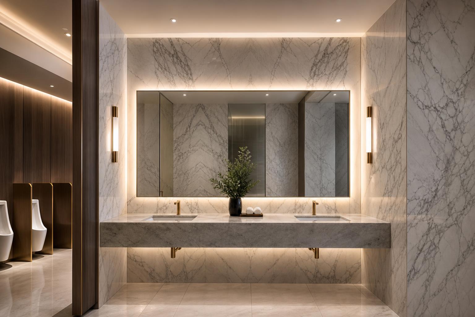 Book-matched marble walls in a commercial restroom with grey floor tile