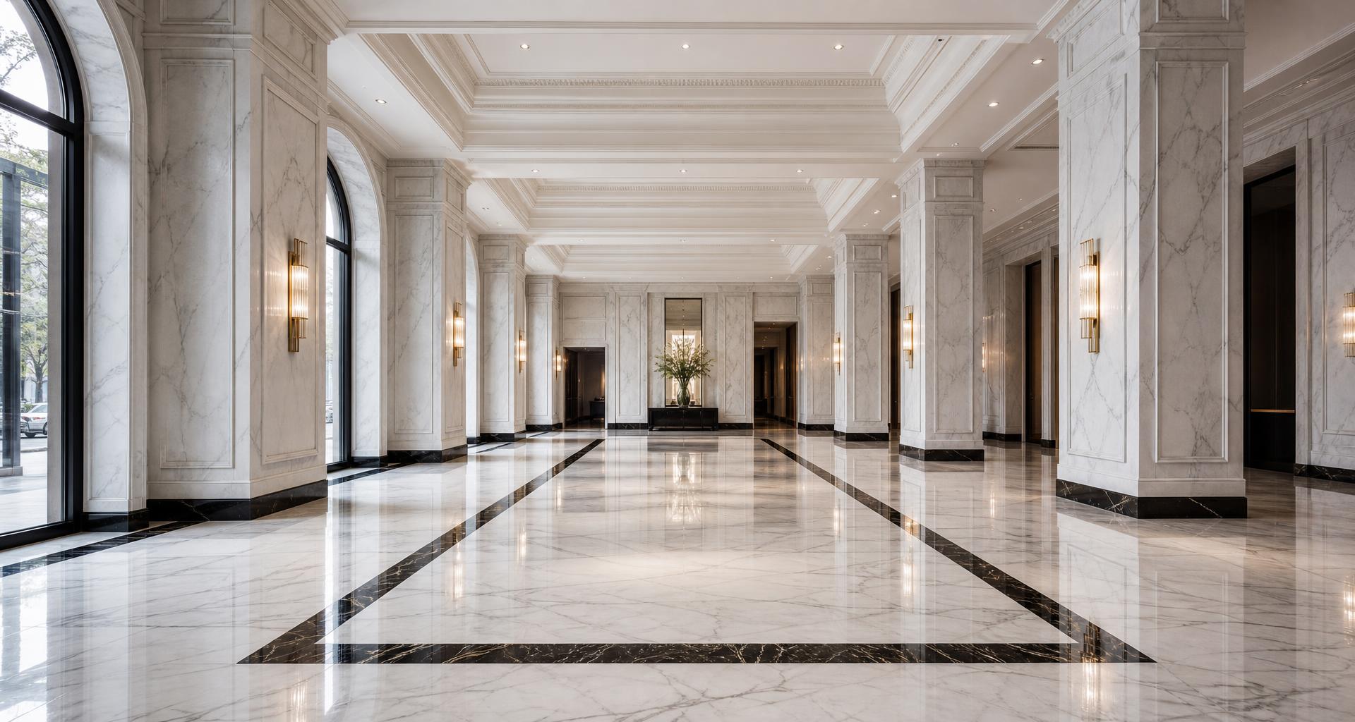 Grand corridor with dark marble floor inlay and white ceiling panels