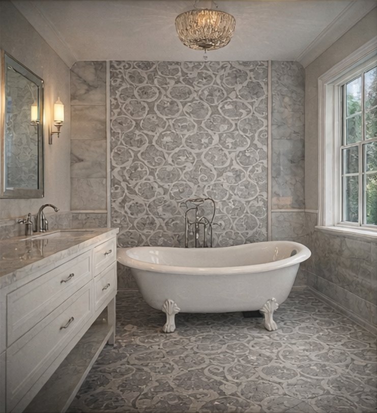 Master bathroom with a clawfoot tub against a grey marble mosaic feature wall and matching mosaic floor