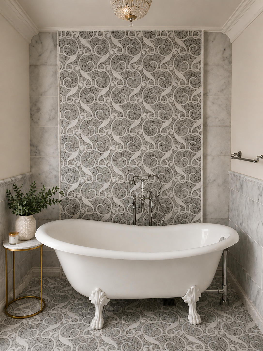 Clawfoot tub against a scrolled marble mosaic feature wall and matching mosaic floor