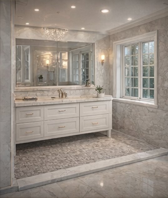 Marble bathroom with a white double vanity, mosaic inset floor and marble-clad walls