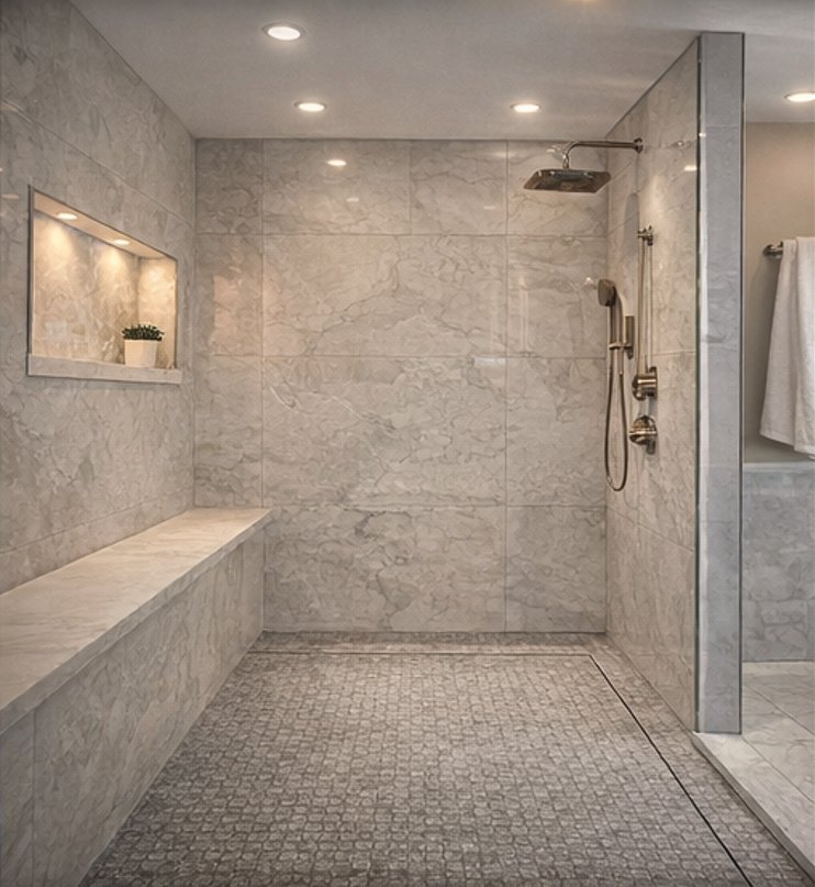 Walk-in shower in large-format marble-look porcelain with a full-length bench, lit niche and mosaic pan