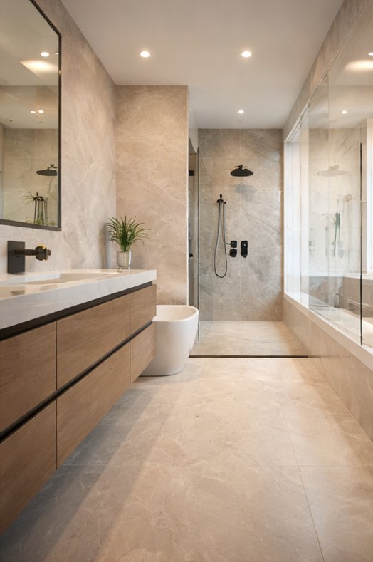 Warm stone wet room with a floating oak vanity, freestanding tub and walk-in shower