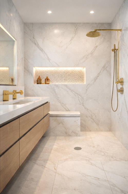 Statuario marble shower with brushed gold fixtures, backlit niche and curbless marble floor