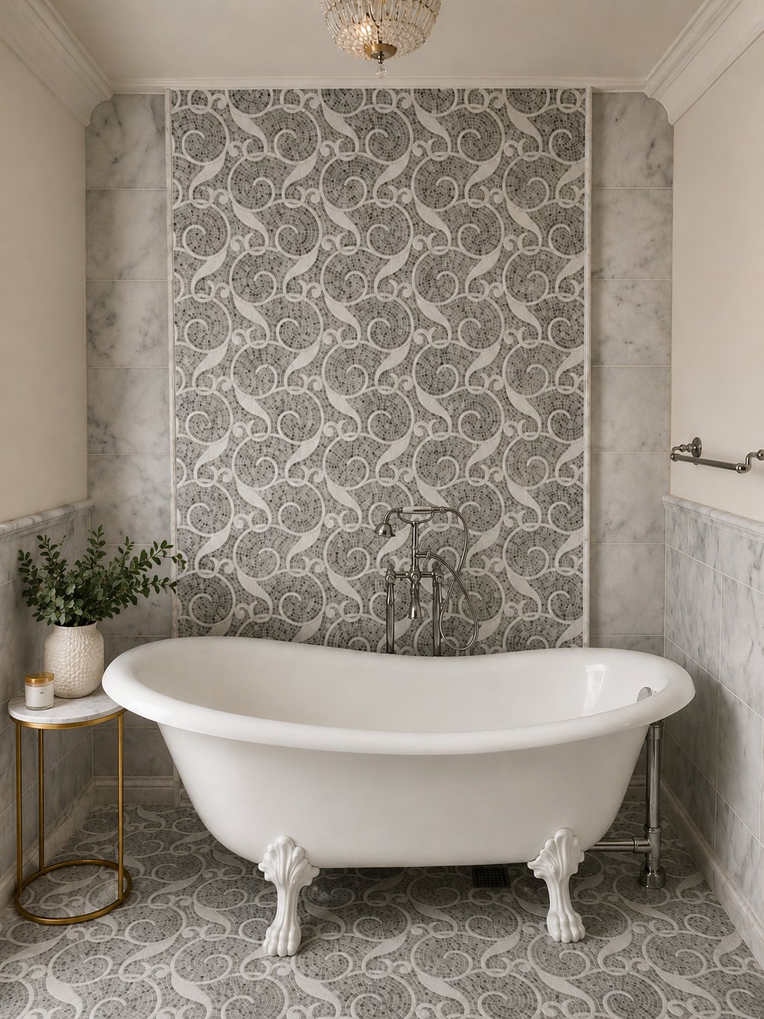 Remodeled bathroom with mosaic tile feature wall and classic clawfoot tub