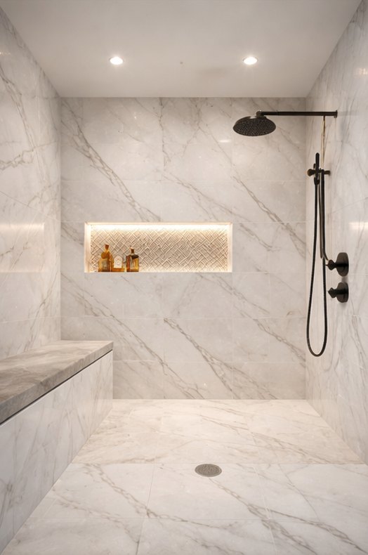 Calacatta marble shower with a backlit herringbone niche, stone bench and matte black fixtures