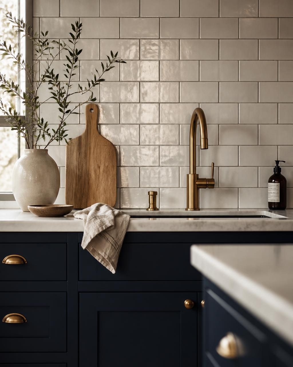 Handmade glossy subway tile backsplash with charcoal grout, navy cabinetry and marble counter