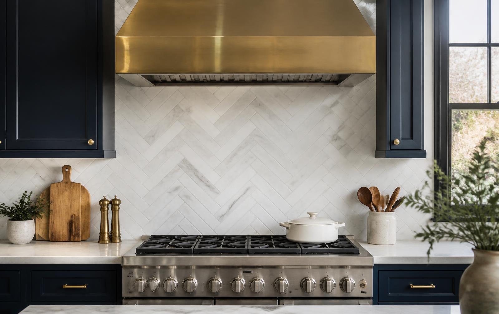 Marble herringbone backsplash behind a range with brass hood