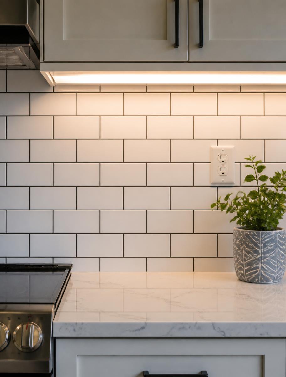 White subway tile backsplash with dark grout under cabinet lighting
