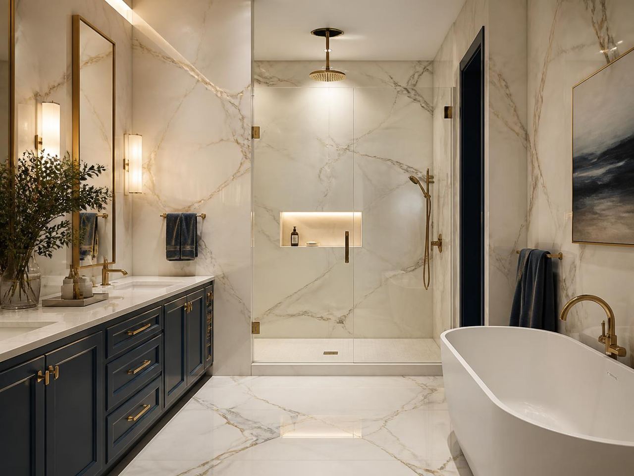 Luxury bathroom with marble tile walls