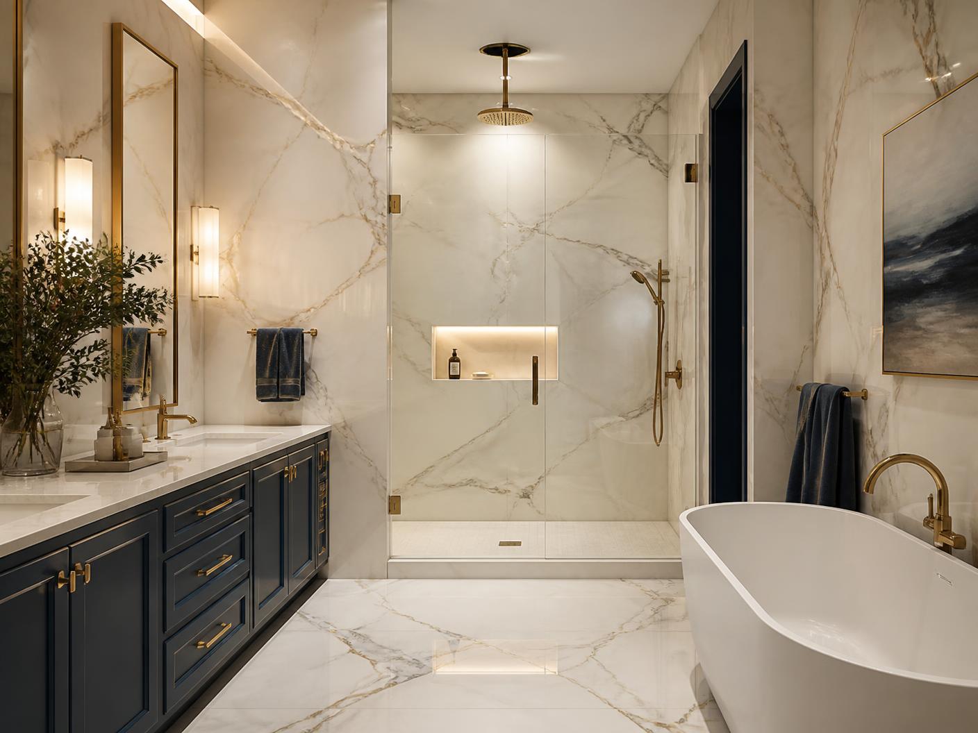 Luxury bathroom with marble tile walls