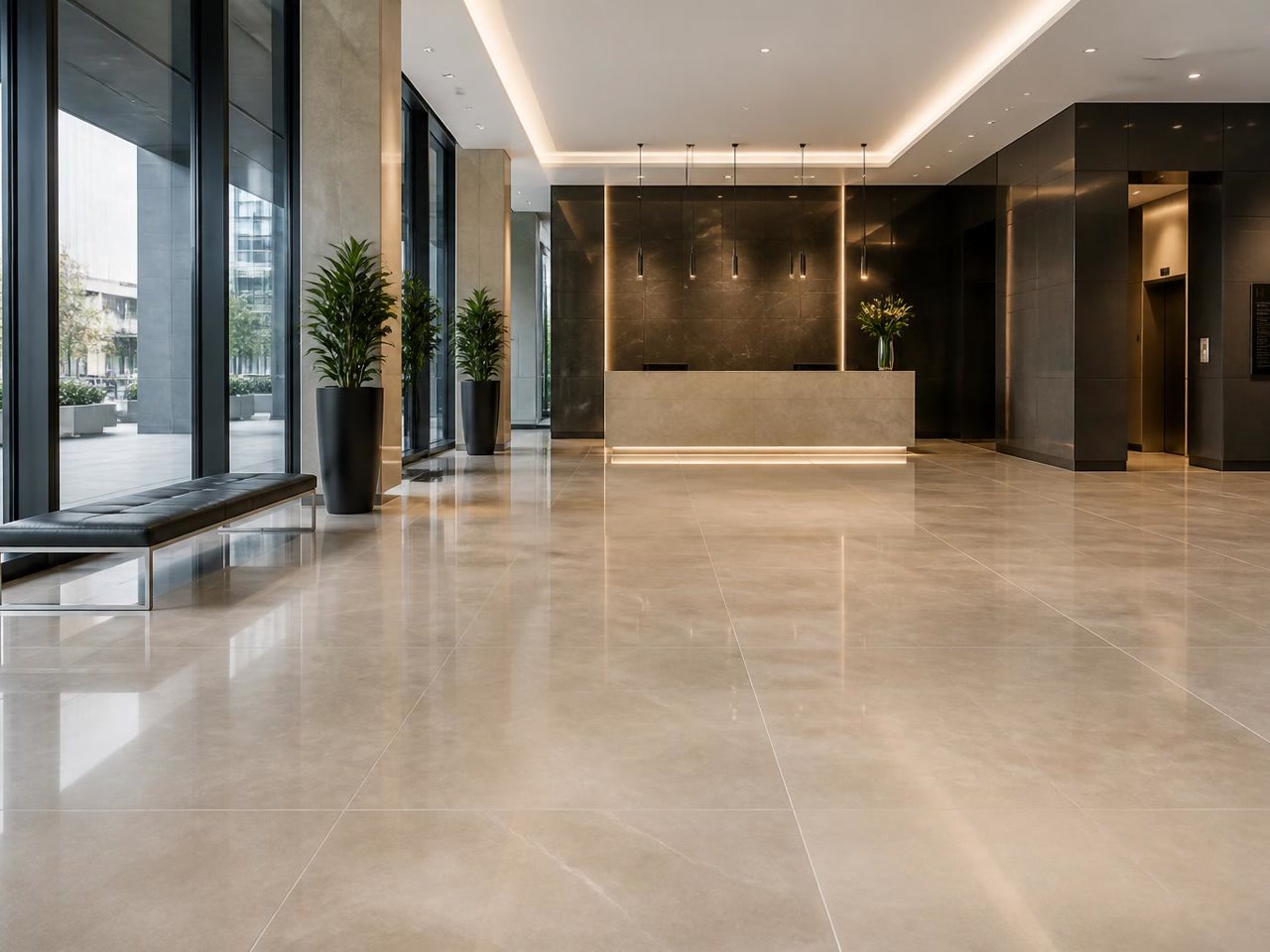 Commercial interior with large-format polished porcelain tile flooring