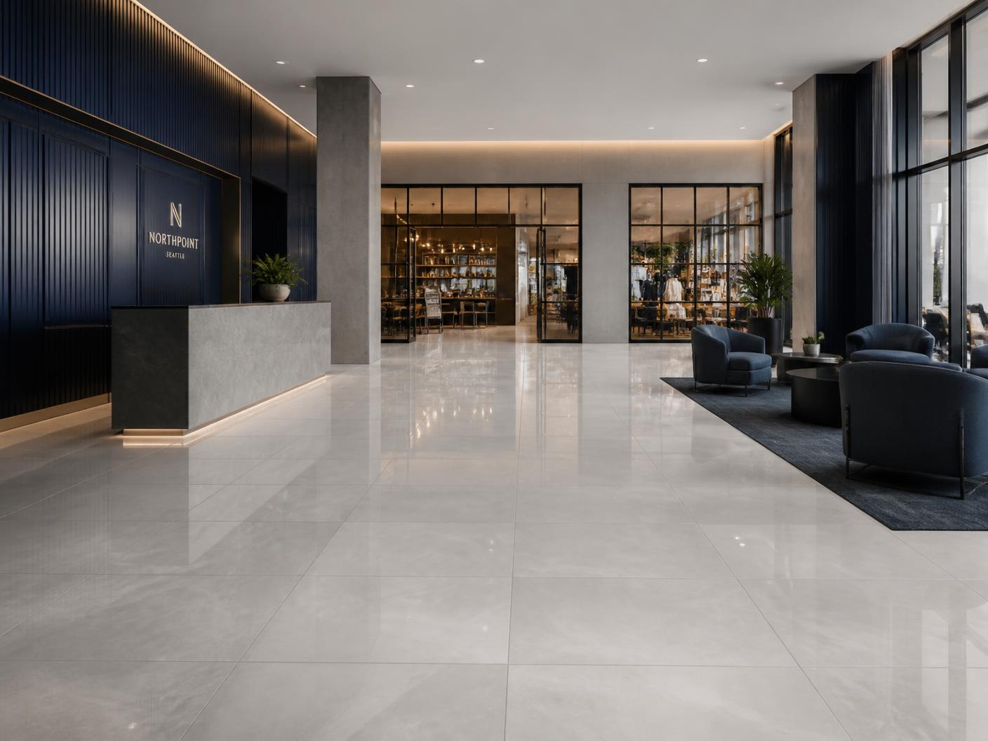 Modern commercial lobby with large-format polished porcelain floor tile