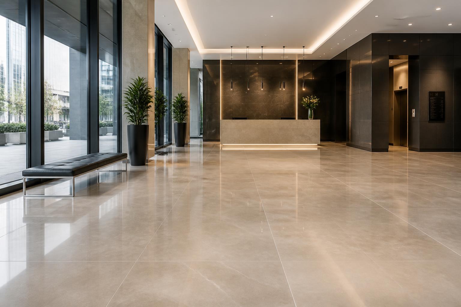 Modern commercial lobby with large-format polished porcelain floor tile