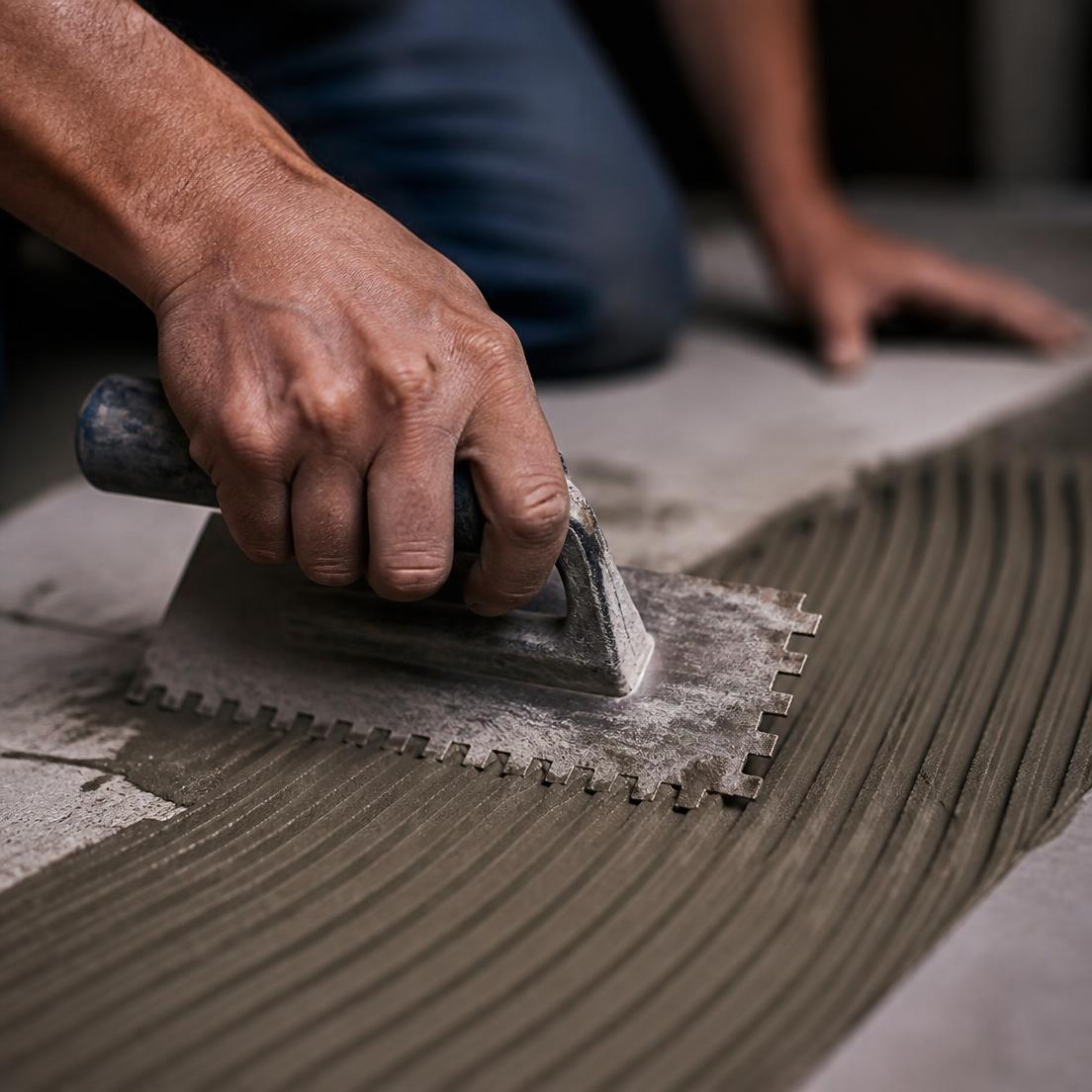 Tile setter spreading thinset mortar with a notched trowel
