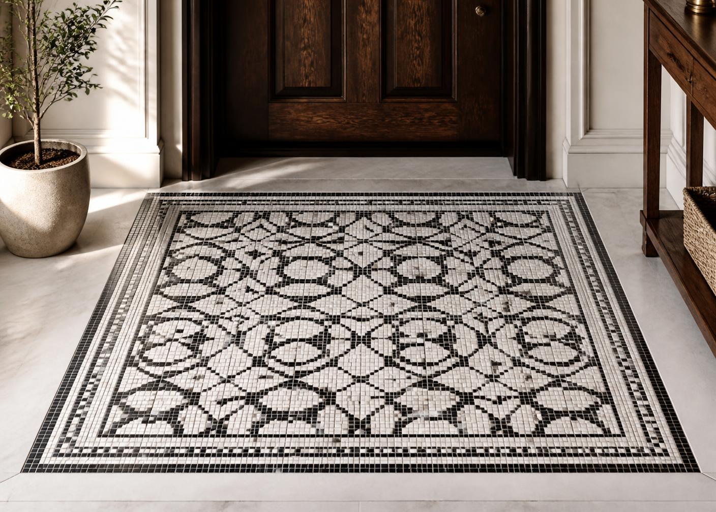 White marble hexagon mosaic floor with grey accent tiles in a powder room