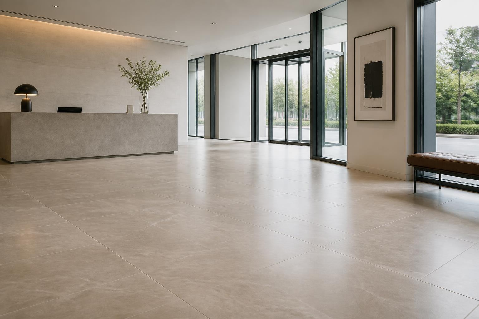 Large-format grey porcelain tile floor in a minimalist living space