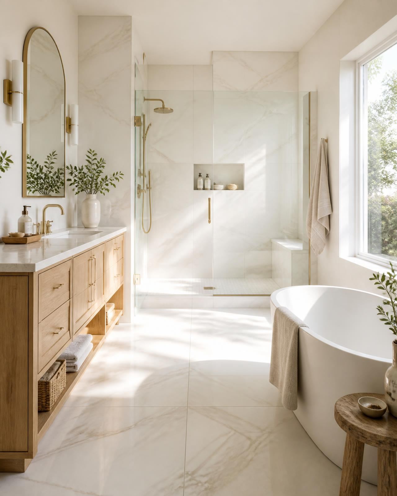 Luxury bathroom with large-format marble-look porcelain tile and a walk-in shower