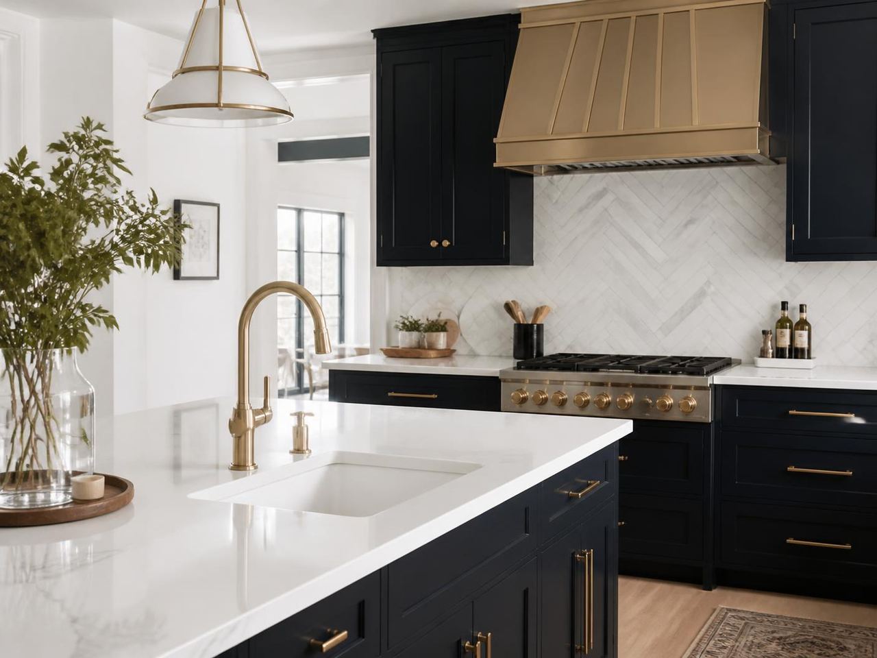 Kitchen with herringbone marble backsplash and navy cabinetry